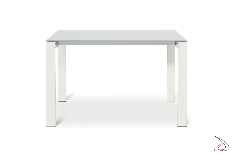 Tavolo piccolo allungabile in vetro bianco con gambe in metallo
