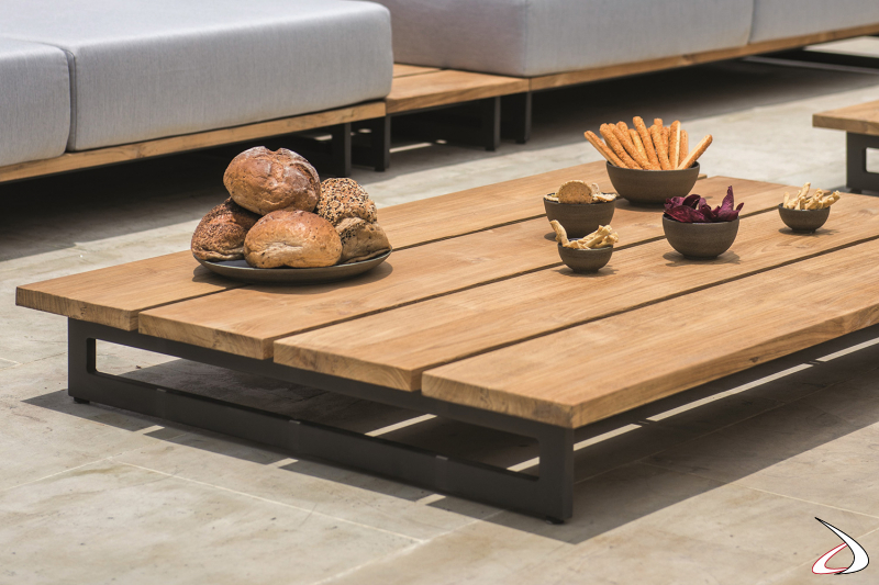 Tavolino da esterno in legno massiccio teak con piedini in alluminio