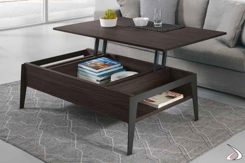 Tavolino da soggiorno rettangolare con piano alzabile e contenitore