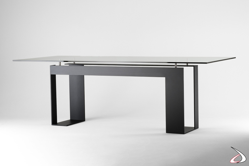 Tavolo da pranzo di design grigio scuro con piano in vetro trasparente