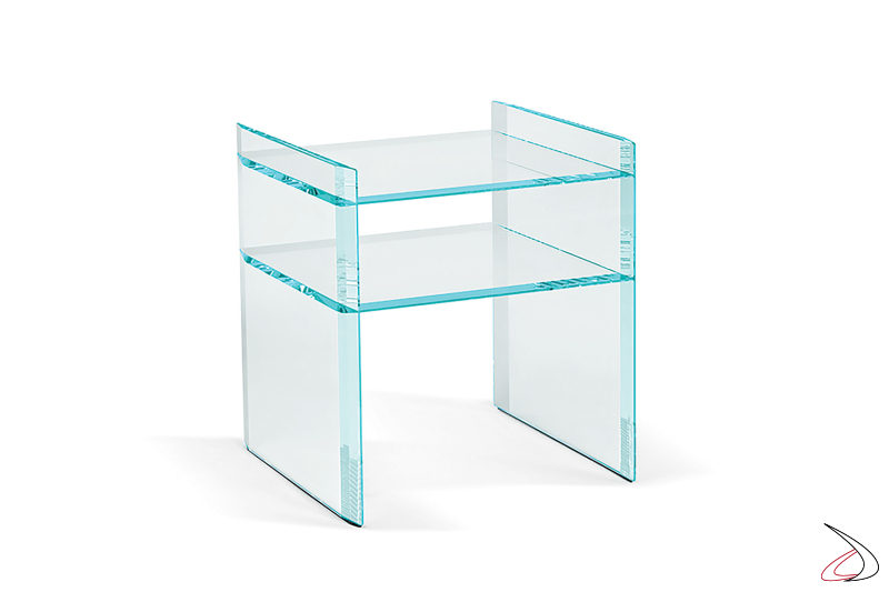 Tavolino alto quadrato di design con ripiano in vetro trasparente