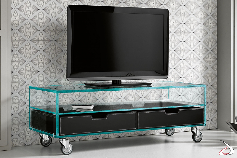 Porta TV moderno ed elegante in vetro, con ripiani e ruote. Disponibile con contenitori in varie finiture.
