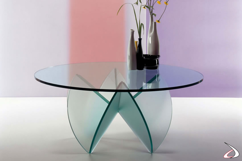 Tavolino basso rotondo in vetro trasparente con base in vetro acidato