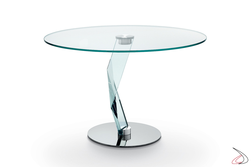 Tavolo di design rotondo in vetro con gamba centrale e base a specchio