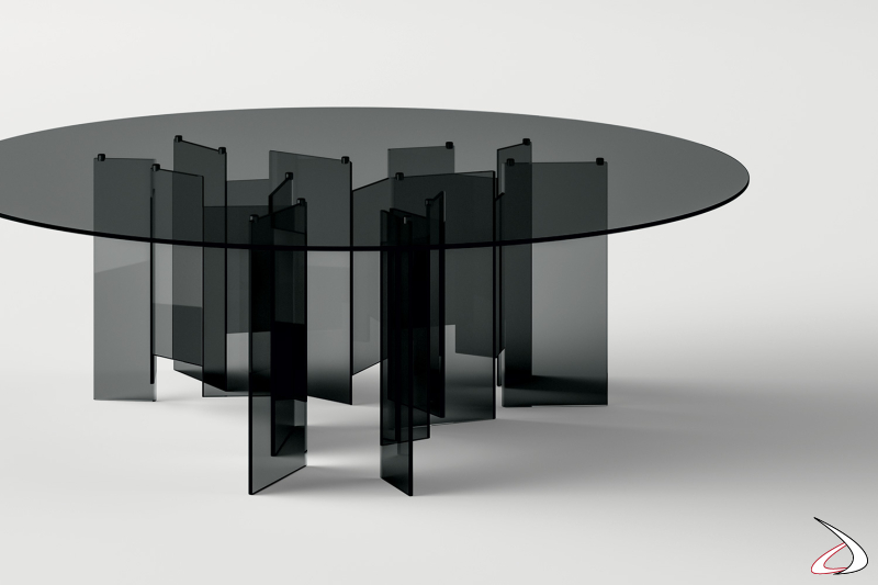 Tavolo rotondo in vetro fumè di design con basamento centrale