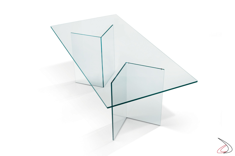 Tavolo elegante di design completamente in vetro temperato con gambe a freccia