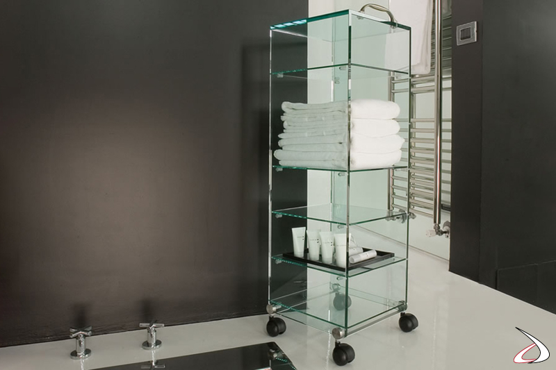 Carrello da bagno in vetro trasparente con ripiani porta asciugamani