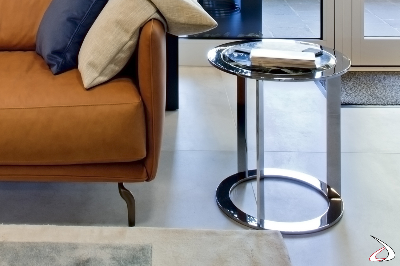 Tavolino di design rotondo cromato da soggiorno con piano in marmo lucido bisellato