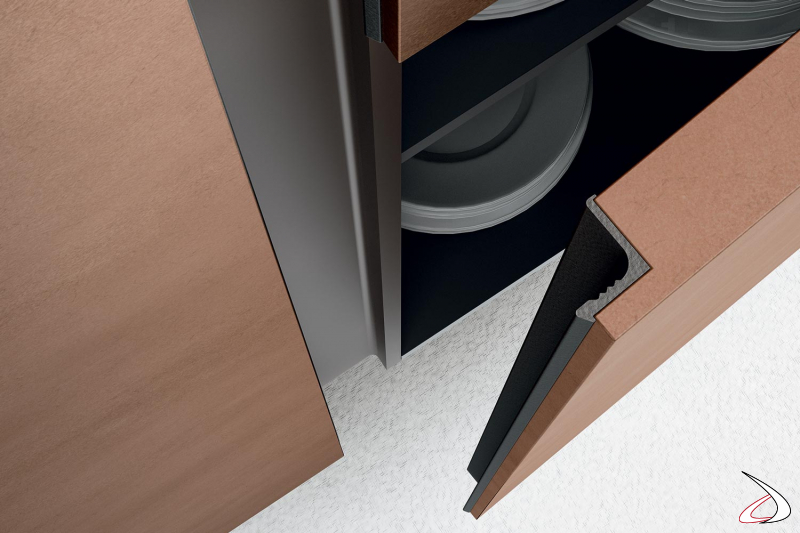 Modern matt lacquered metal kitchen with groove profile and handle integrated in the profile