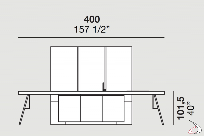 Measurements of a classic modern kitchen with tall units and central island with snack counter
