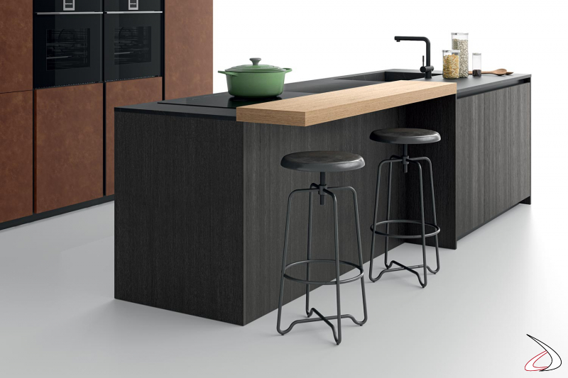 Modern wooden kitchen with central island with snack top