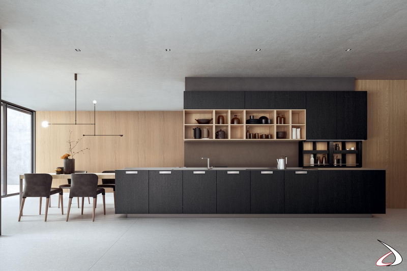Oak kitchen with slim steel top and side-extension table