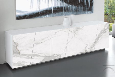 Credenza di design a 6 ante trapezoidali in ceramica bianco statuario