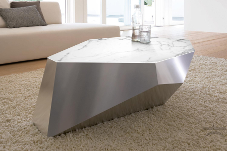 Tavolino sagomato di design da salotto con struttura in alluminio e piano in ceramica
