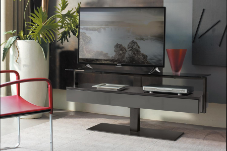 Porta tv girevole di design con cassetti e ponte in cristallo