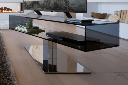 Porta tv girevole di design in cristallo fumè con base cromata