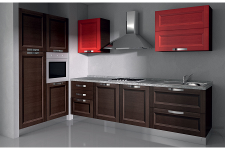Cucina in legno ad angolo di design con cappa d'arredo