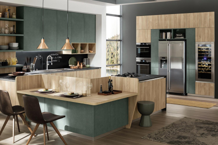 Moderna cocina esquinera personalizable con península y nevera/microondas independiente, bodega y columnas frigoríficas