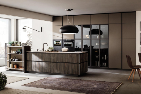 Moderna cocina modular con isla y despensa con vitrinas retroiluminadas