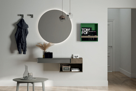 Arredo ingresso di design con cassetto, vassoio svuota tasche e specchio rotondo retroilluminato