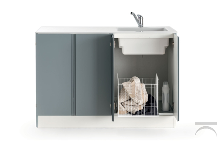 Mobile lavanderia con lavatoio con cesto porta panni e copri lavatrice