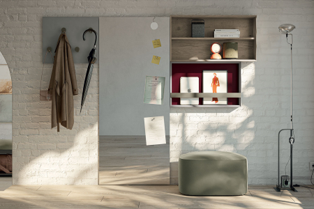 Arredo ingresso moderno con specchiera magnetica e pensile a giorno e pensile porta documenti