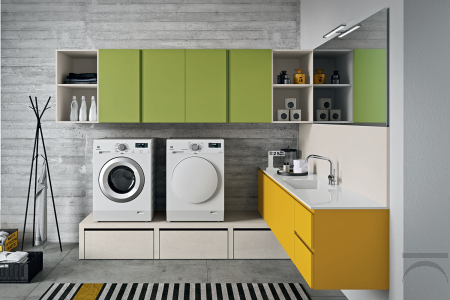 Lavanderia di design con panca porta lavatrice e asciugatrice con cesti su ruote porta biancheria