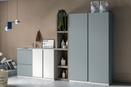 Arredo lavanderia moderno con lavatoio, mobile porta lavatrice e armadio porta scarpe
