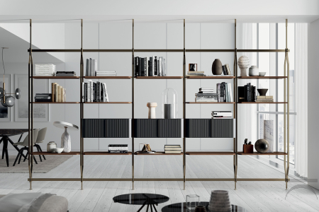 Libreria bifacciale componibile di design da soffitto con ripiani in legno e contenitori ad ante