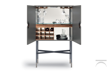 Mobile bar di design da soggiorno con schienale a specchio, cassetti, portabottiglie e porta calici