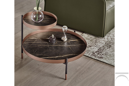 Tavolino di design con doppio piano rotondo girevole in supermarmo noir desir