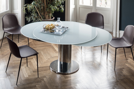 Tavolo rotondo allungabile di design con piano e prolunghe in cristallo lucido