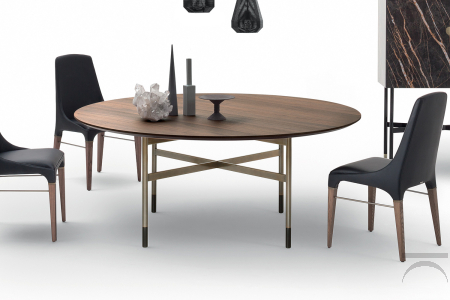 Tavolo rotondo di design con piano in legno impiallacciato e basamento in oro rosa