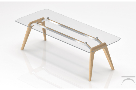Scrivania di design in vetro trasparente con gambe in legno rovere chiaro