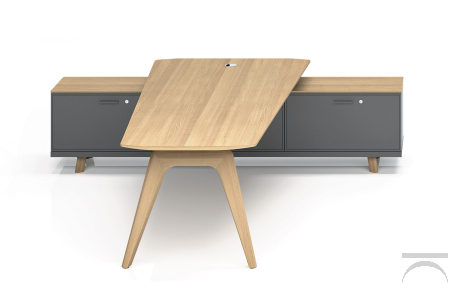 Scrivania sagomata per meeting in legno con mobile di servizio con ante a ribalta con serratura