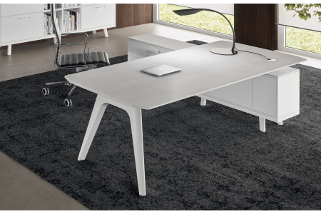 Scrivani ufficio moderna in legno rovere bianco con mobile di servizio con ante e cassetti con serratura