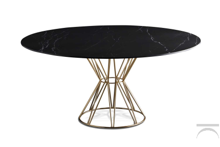 Tavolo rotondo Circus con struttura in acciaio cromato ottone e piano in marmo nero marquinia.