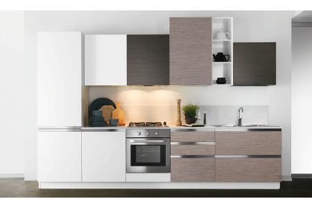 Composizione 00, cucina con ante in finitura laccato opaco bianco + matrix bamboo + matrix rovere grigio, elemento a giorno laccato lucido bianco