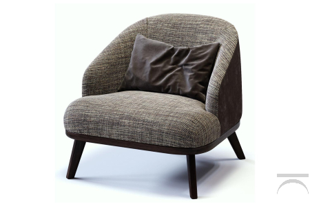 Poltrona di design da salotto in pelle e tessuto con basamento in legno
