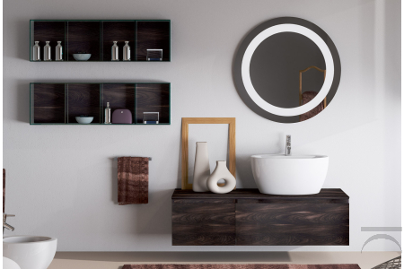 Bagno moderno con pensili in vetro e lavabo soprapiano