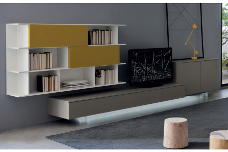 Soggiorno moderno con libreria e base porta tv