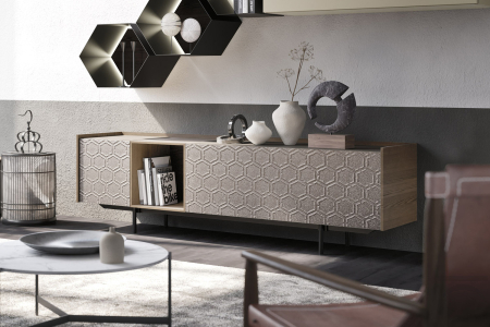 Credenza bassa e lunga contemporanea con struttura in impiallacciato noce con ante in cemento decorato
