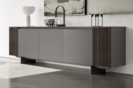 Modern design sideboard in matt lacquer with doors in kannetè walnut wood