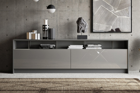 Credenza di design lunga in laccato lucido con cornice su tre lati e con cassettoni