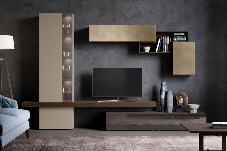 Parete soggiorno di design con vetrina e basi cassetti in vetro