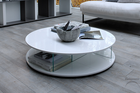 Low round designer coffee table in white glossy lacquer with glass partitions