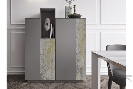 Madia alta e stretta di design da soggiorno con ante in pietra