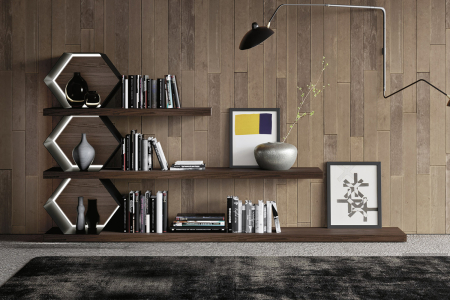 Libreria di design modulare ad esagoni retroilluminati e mensole in legno