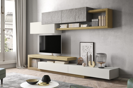 Mobile soggiorno moderno componibile su misura con elemento a c in legno rovere e pensili con ante in pietra
