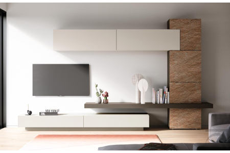Parete soggiorno di design in legno con totem e ante in pietra 